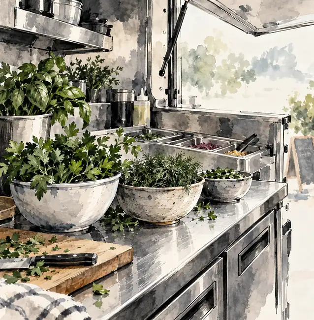 Illustration of mobile food businesses equipment and workspace