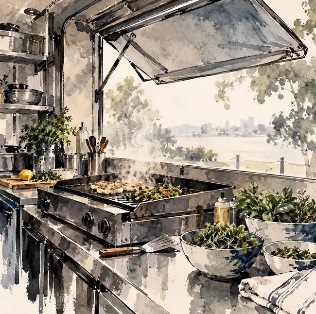 Illustration of mobile food businesses equipment and workspace